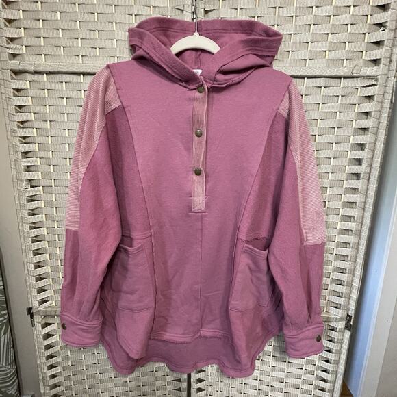 Aemi + Co DOVE HOODED PULLOVER Women’s Size S Rose Pink Mixed Media Half Snap - Picture 2 of 12